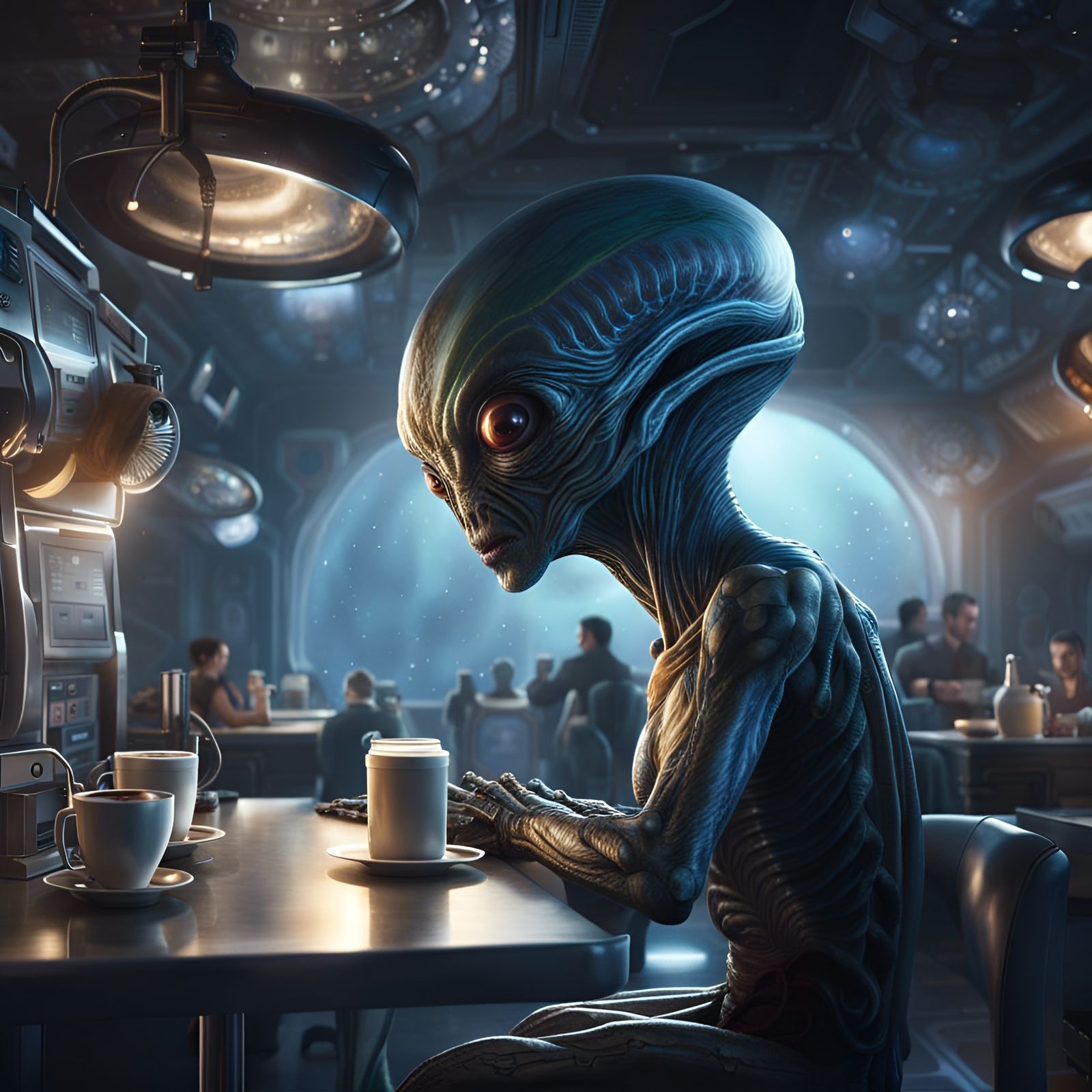 an alien in a cafe in space false