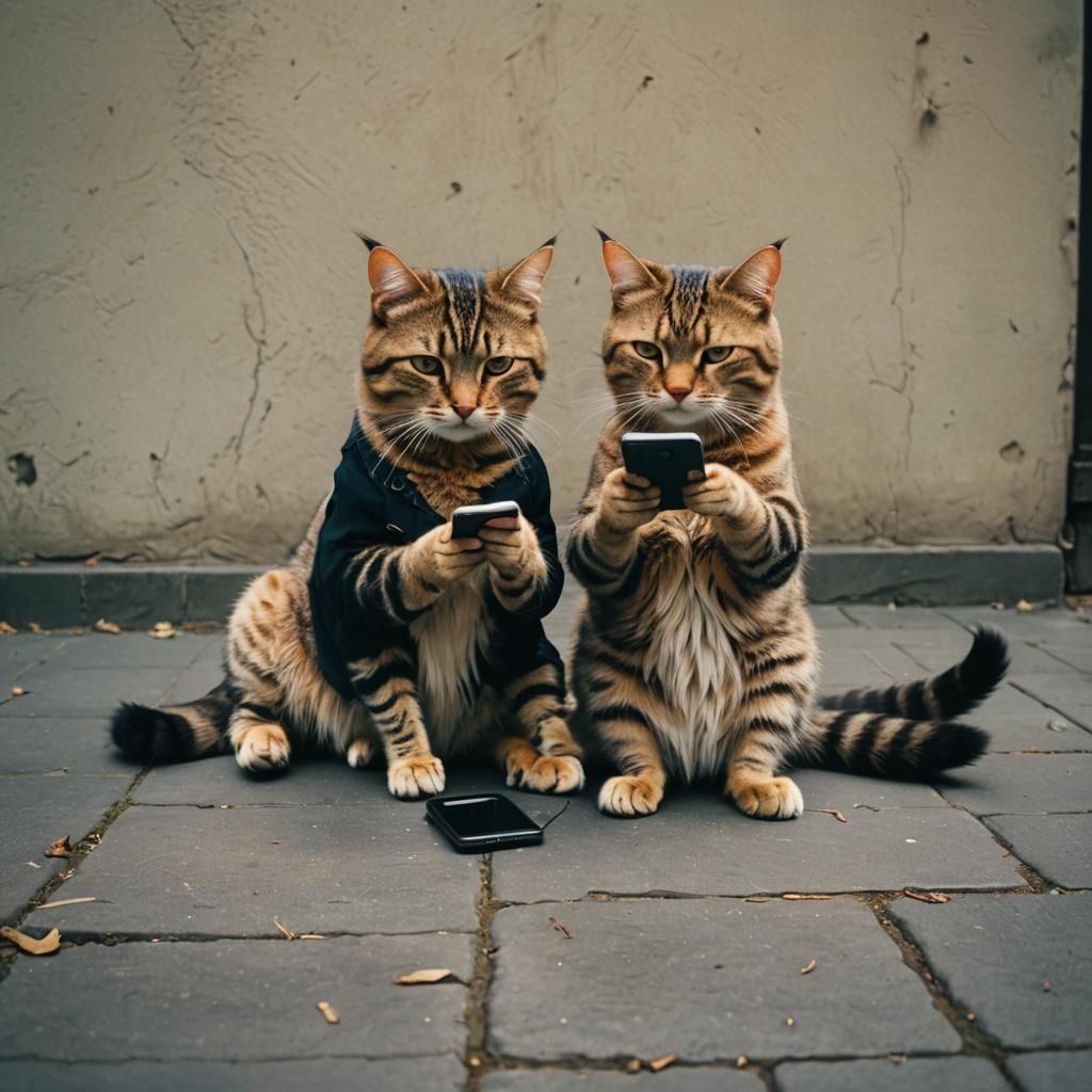 Two adult cats texting on their phones - AI Generated Artwork ...