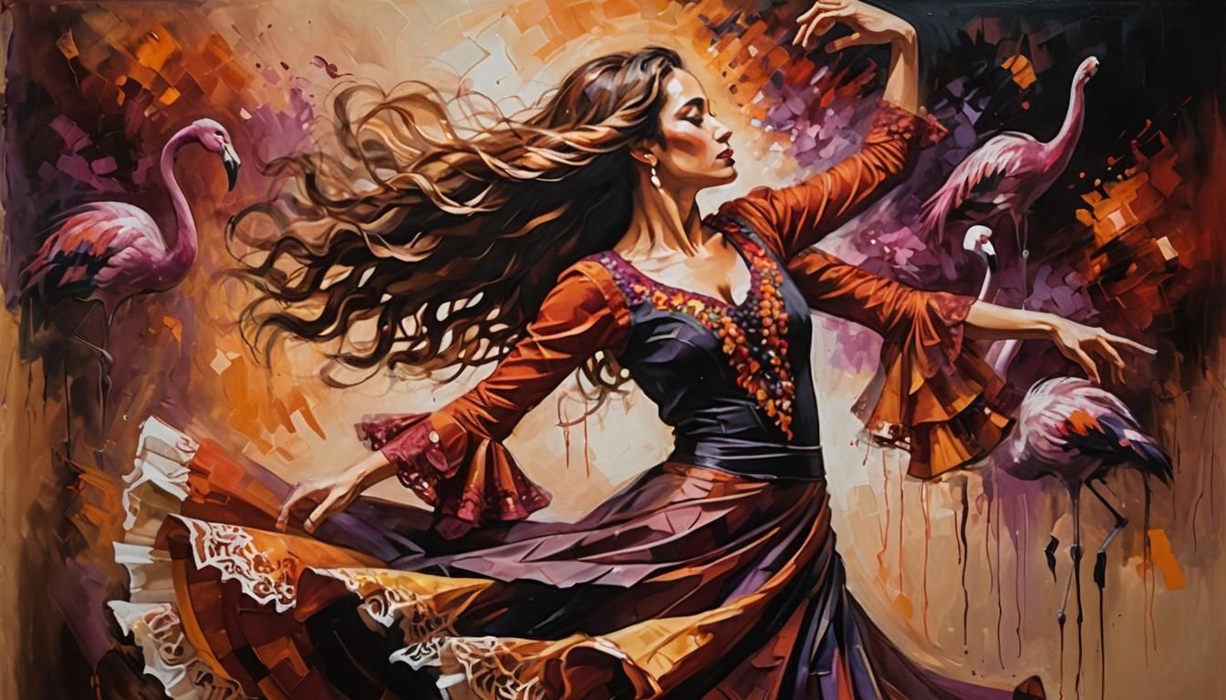 A beautiful flamenco dancer wearing rust beige and plum, her hair flowing as she Elegantly dances, Vibrant oil painting with triadic colors....