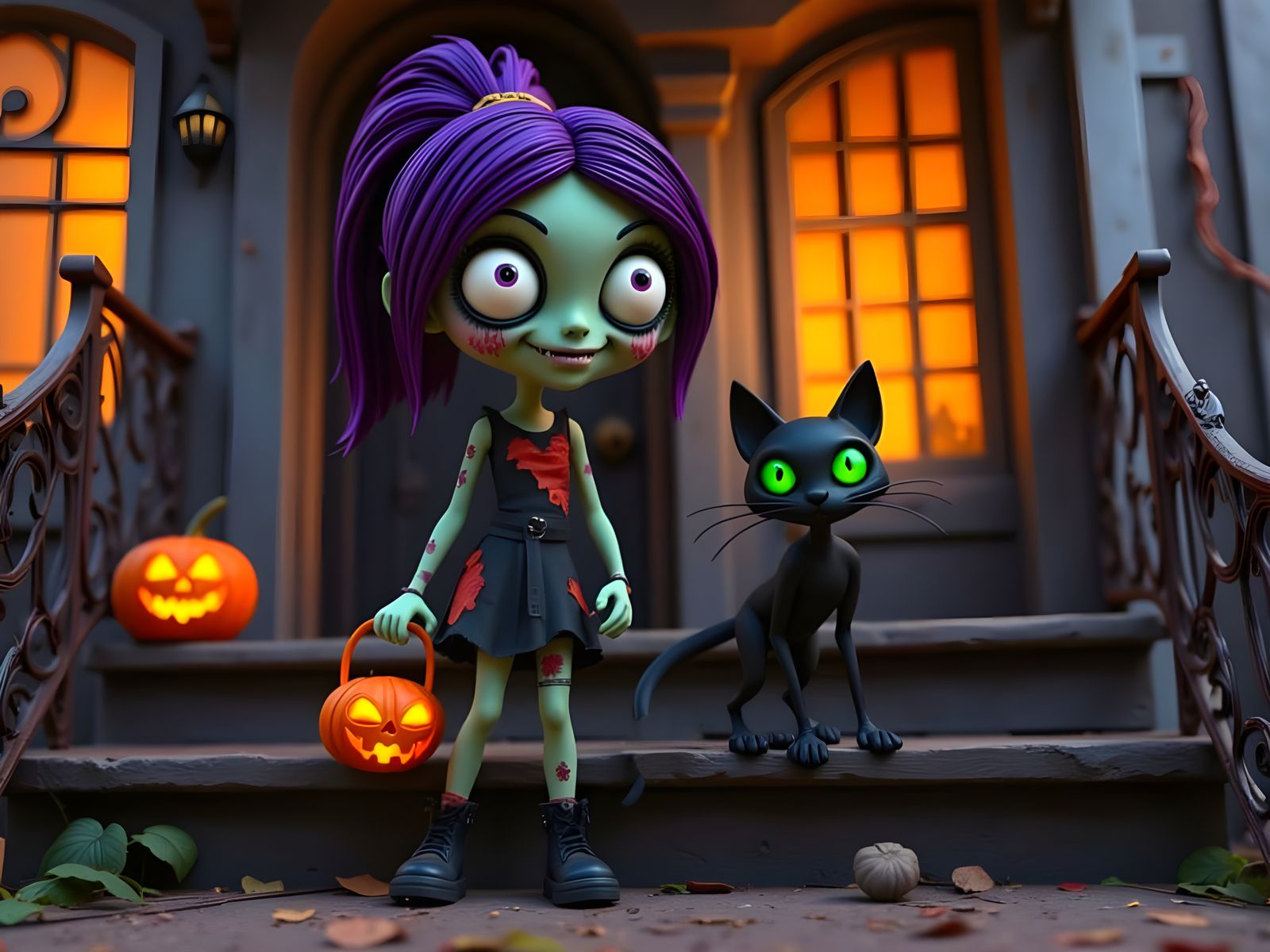 Punky Zombie Girl Trick-or-Treating with Cat in Haunted Hous...