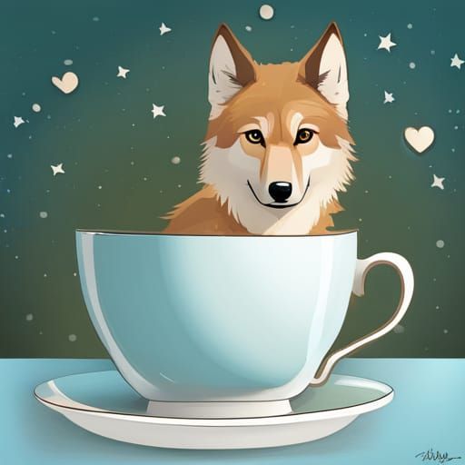 cute wolf  in a tea cup