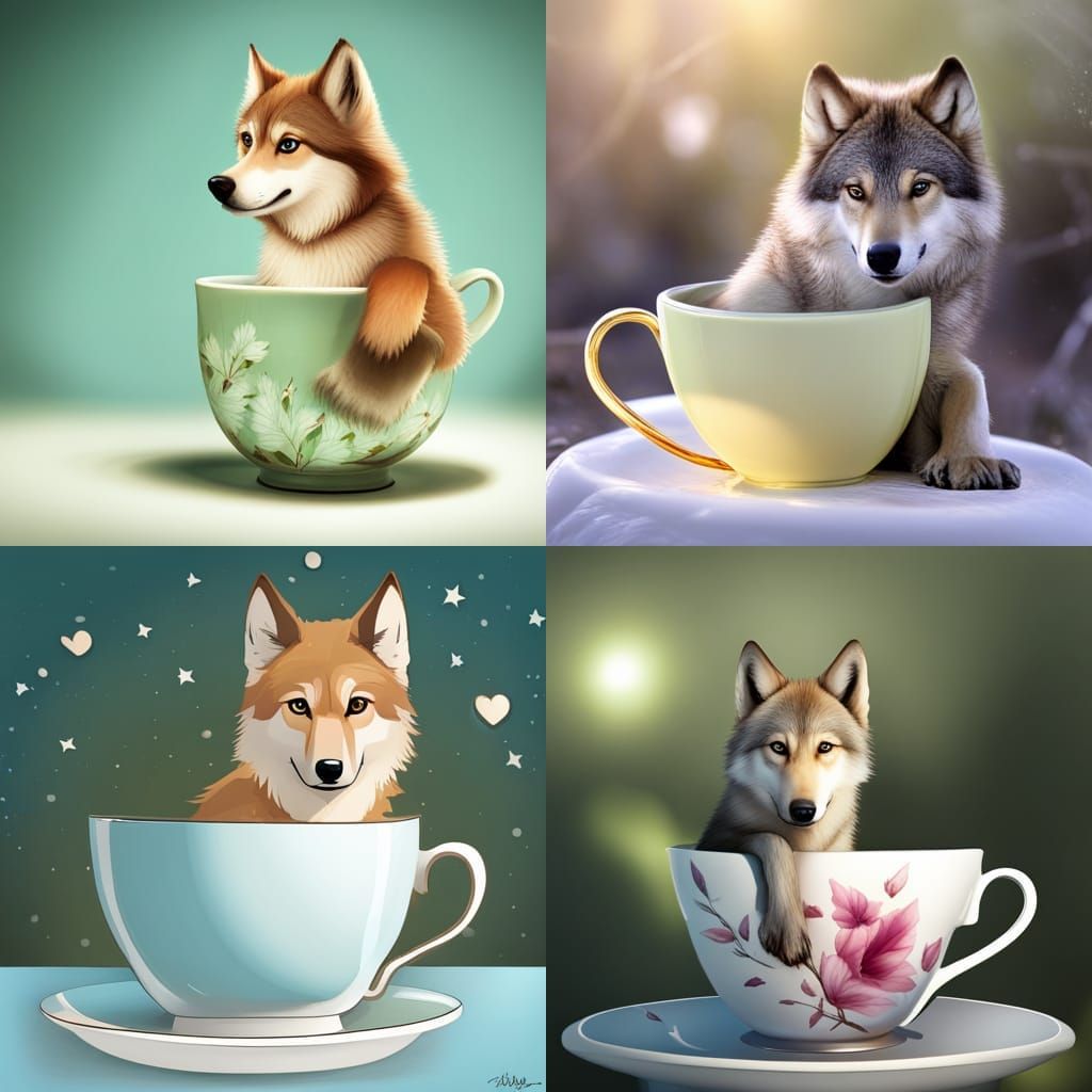 cute wolf  in a tea cup