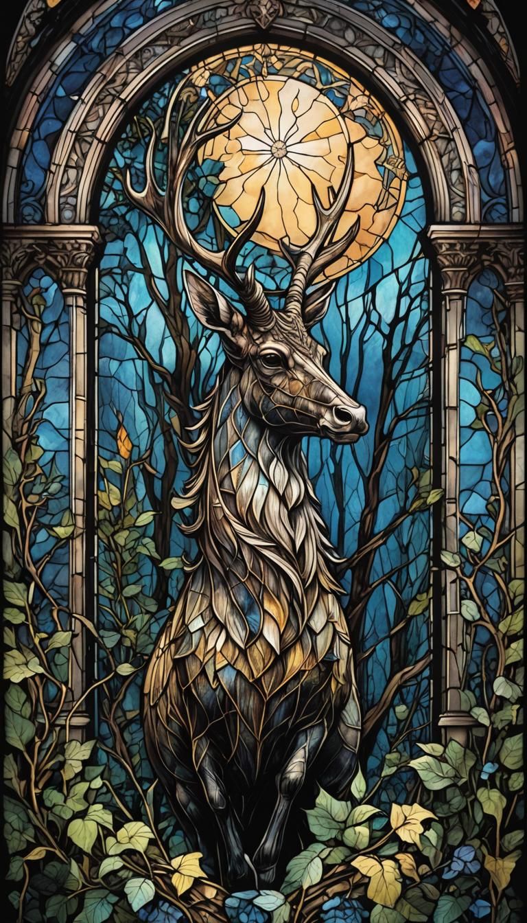 Mystical Horn Overlooking Moonlit Forest in Etching Style