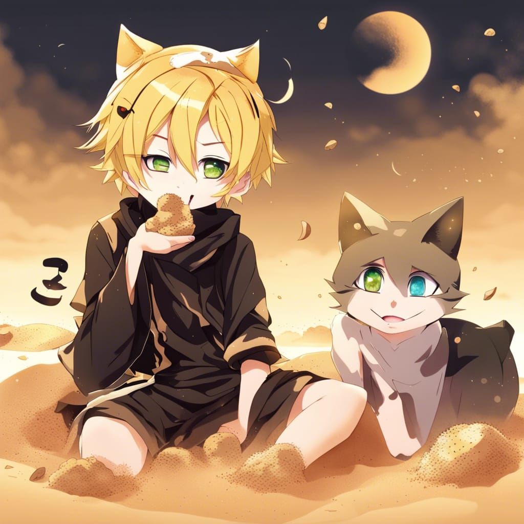 cat boy len eating sand