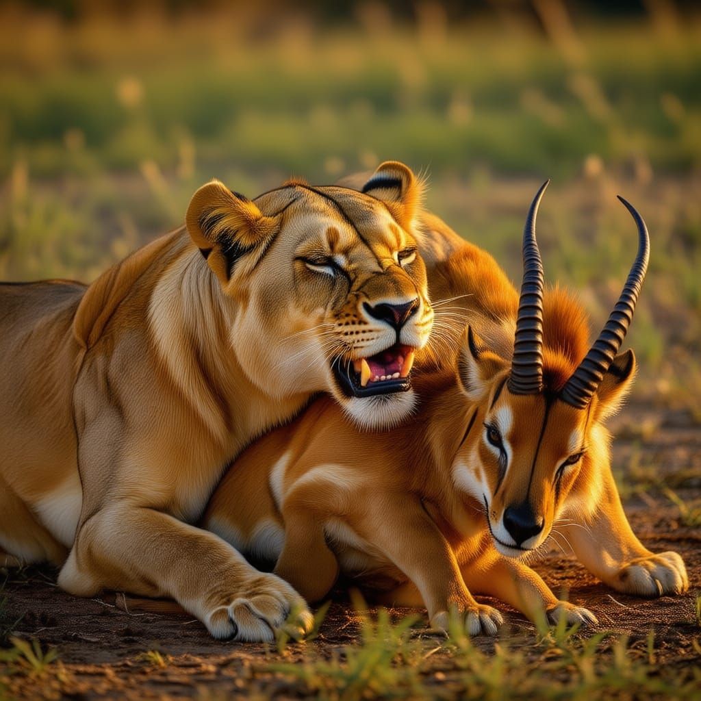 A lioness is biting a neck of a fallen Impala to choke it. Give a close-up of lioness biting with half closed eyes in a Savanah in a late ev...