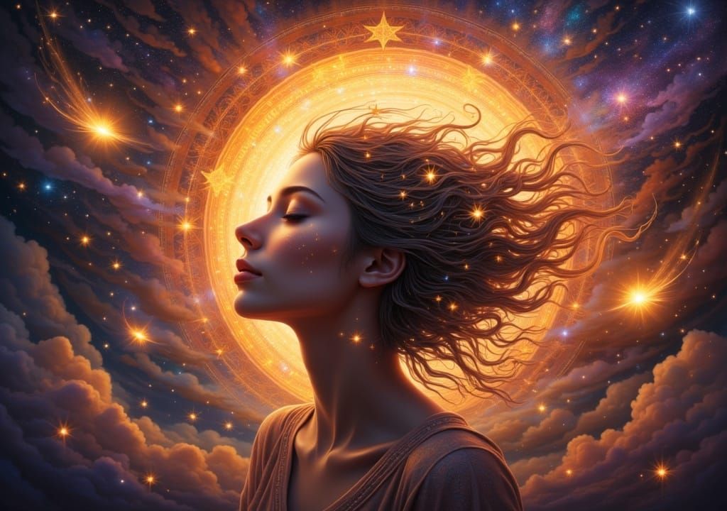 Fiery messages fly around a woman with eyes closed lost in thought a sacred home without placement  