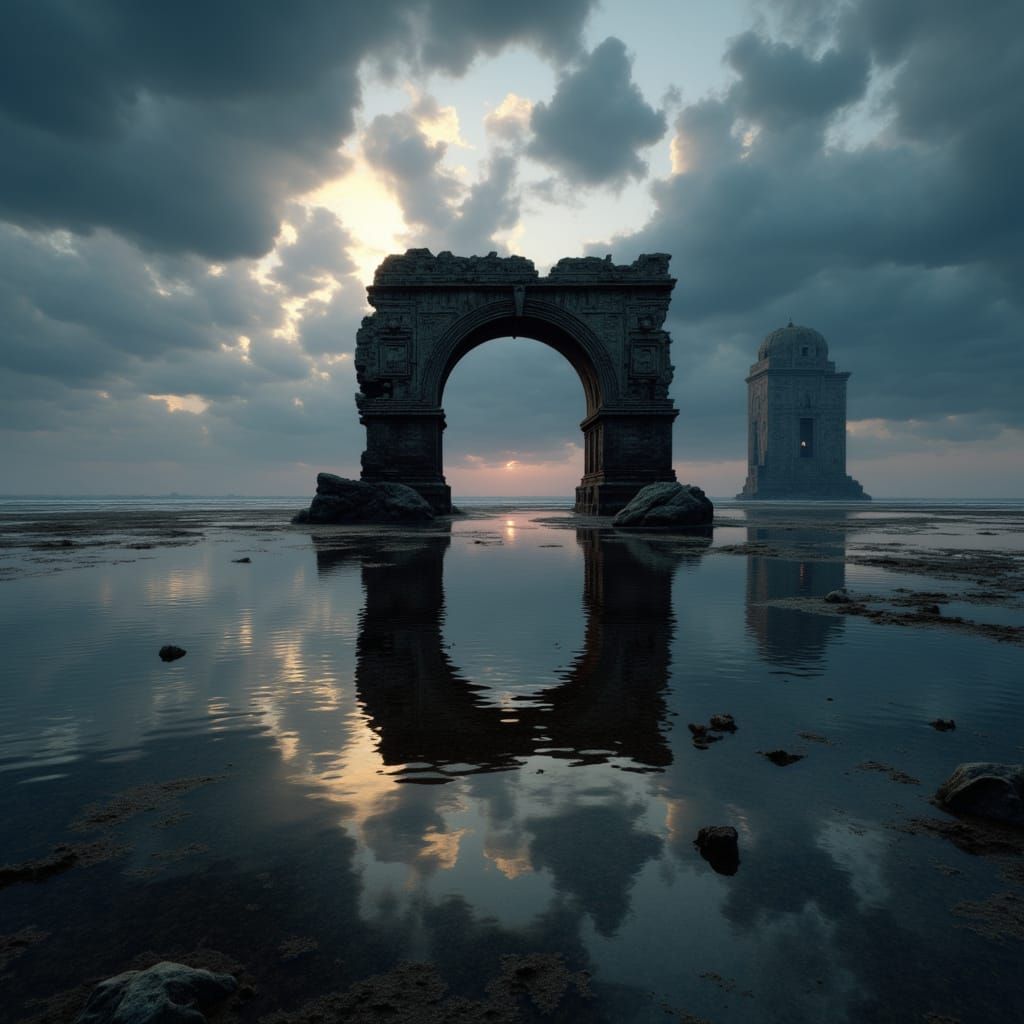 <lora:Reliquiarum:1.0> An abandoned Roman arch on the beach, surrounded by water with reflections of it and an old tower in the background,...