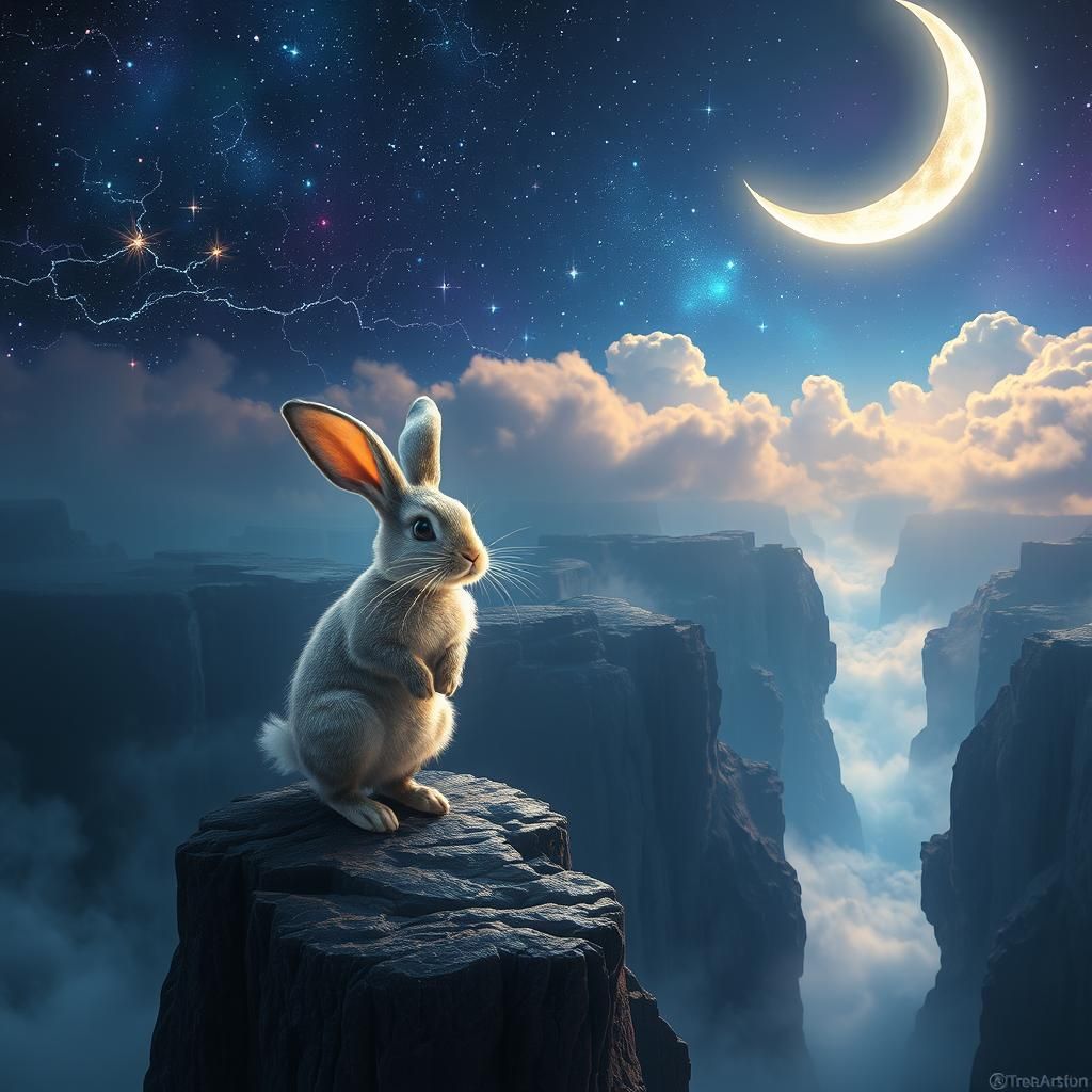 Ethereal Rabbit on Mystical Precipice Under Crescent Moon