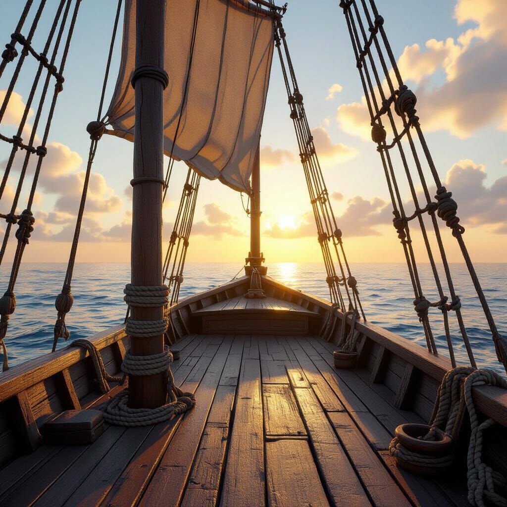 Point of view from the deck of an ancient wooden ship, facing the open sea, ropes, sails, and wooden planks visible in the foreground, calm ...
