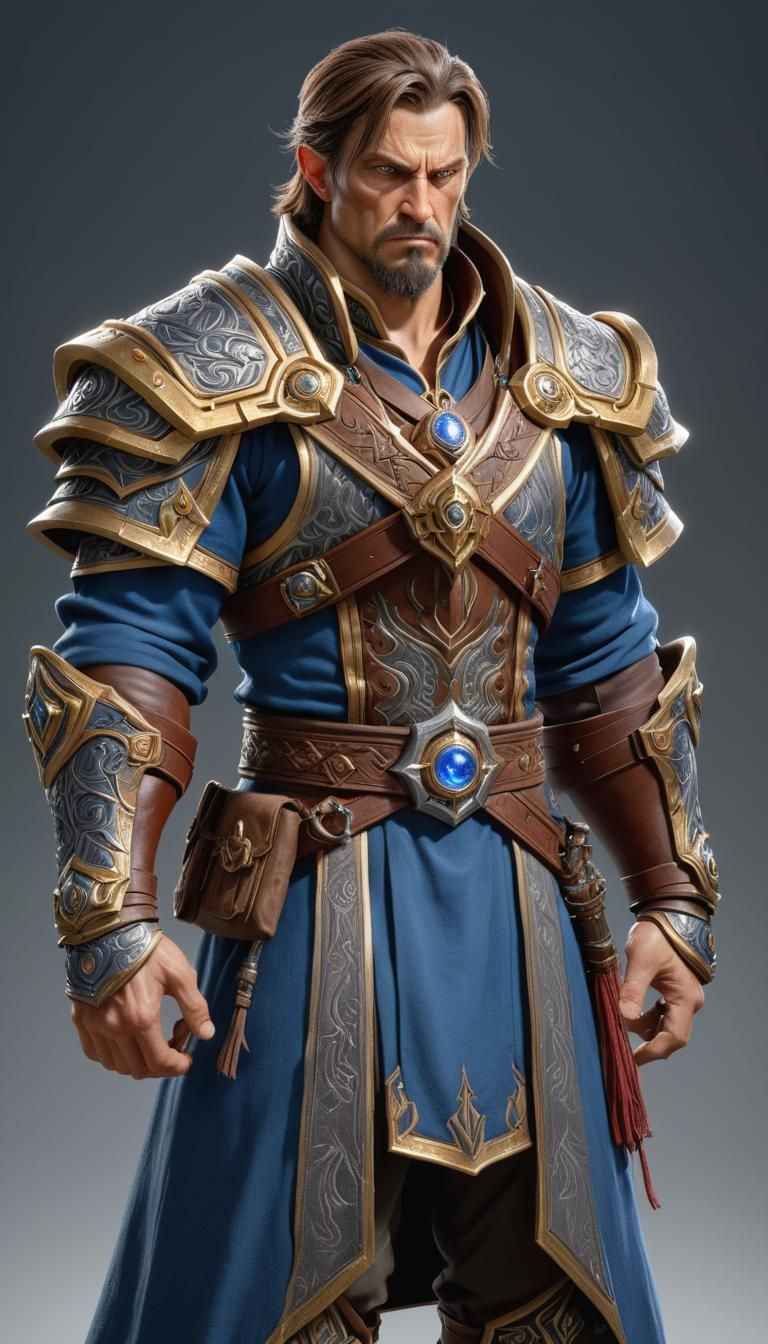 High fantasy epic male lord, 35 years old, short brown hair, wearing noble clothes, powerful grey eyes, shows a worried look, carries heavy...