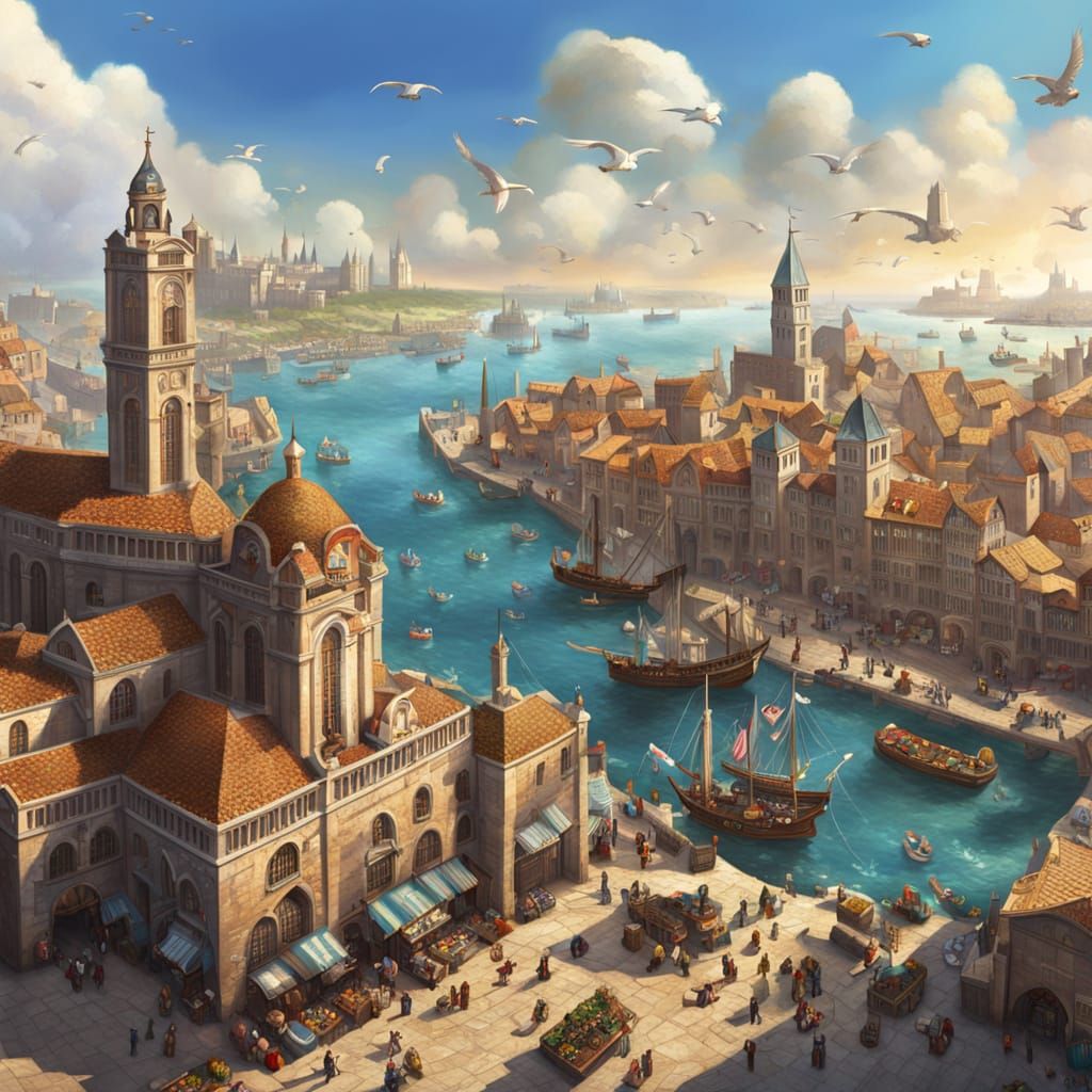 Aerial view of a Renaissance harbor 