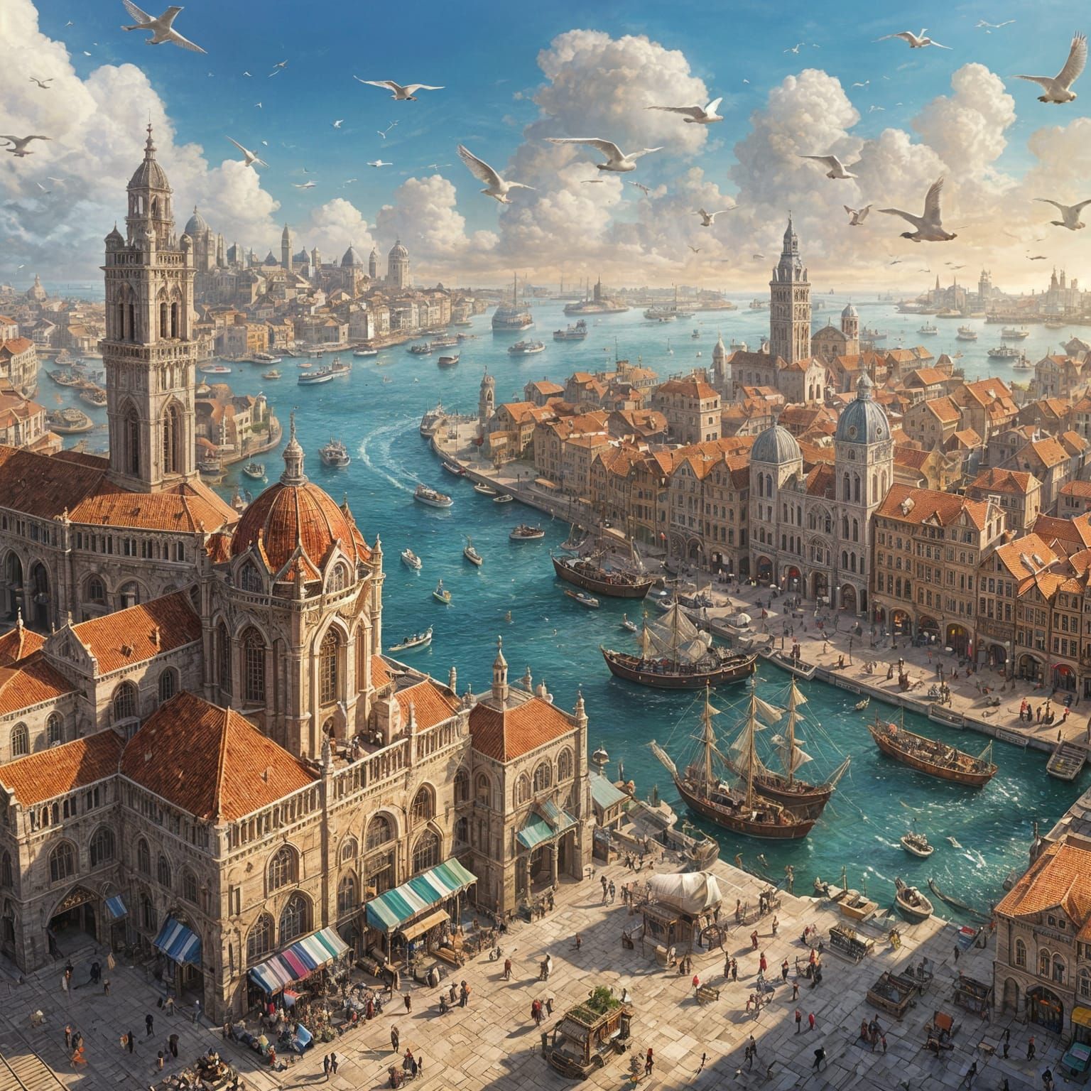 Aerial view of a Renaissance harbor   by @theArchairez