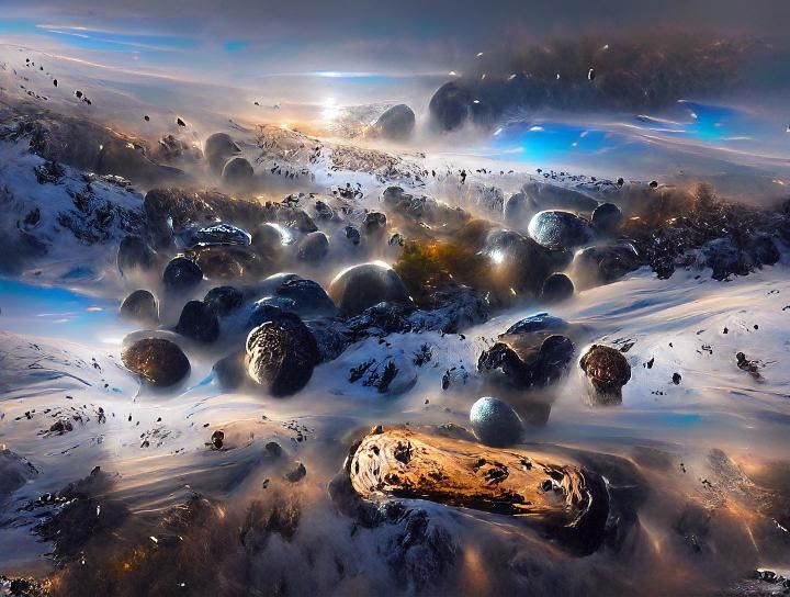 View of a stormy planet's asteroid belt, made of billions of...