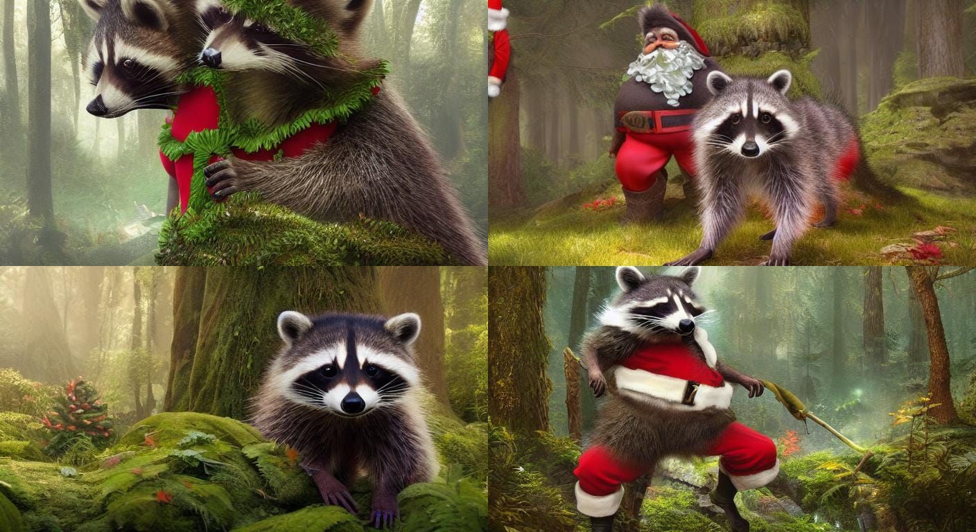 a raccoon dressed as santa in amazing and green forrest, magical ...