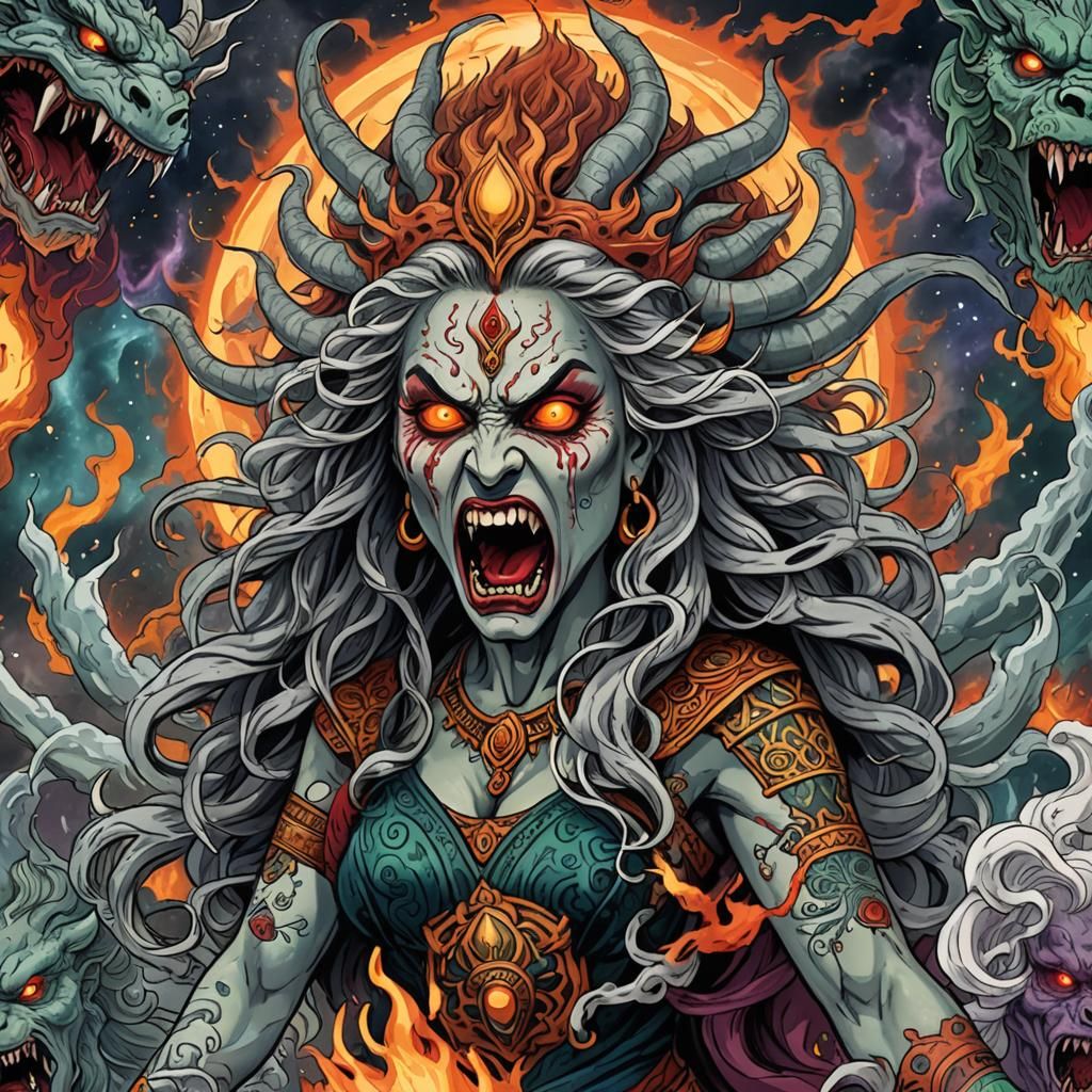 Angry face, Goddess Hindu of destruction, third eye, fangs, ...