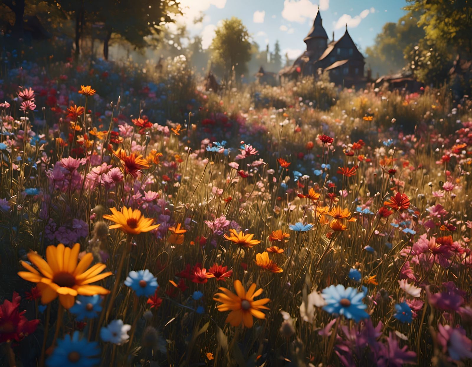 A cheerful whimsical flower meadow