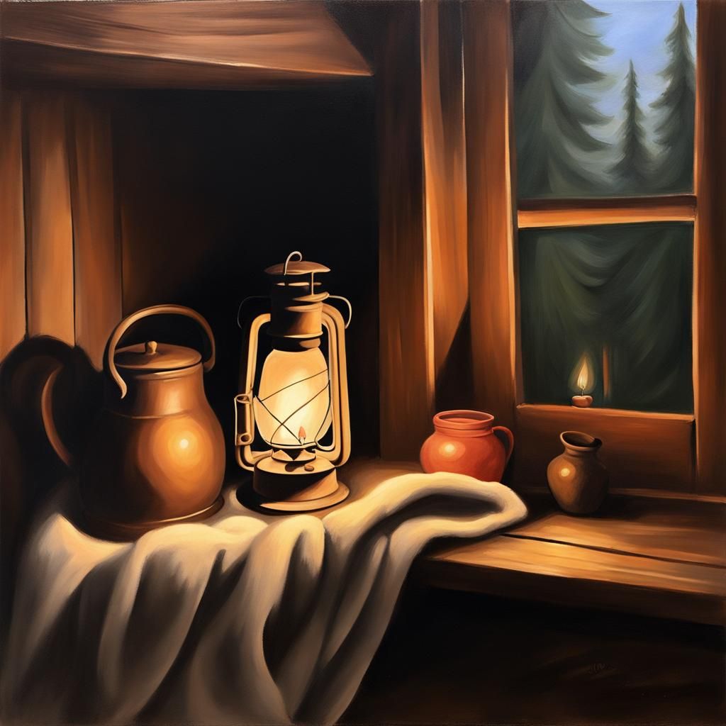 simple oil painting still life inside cozy Cozy Cabin in the Woods ...