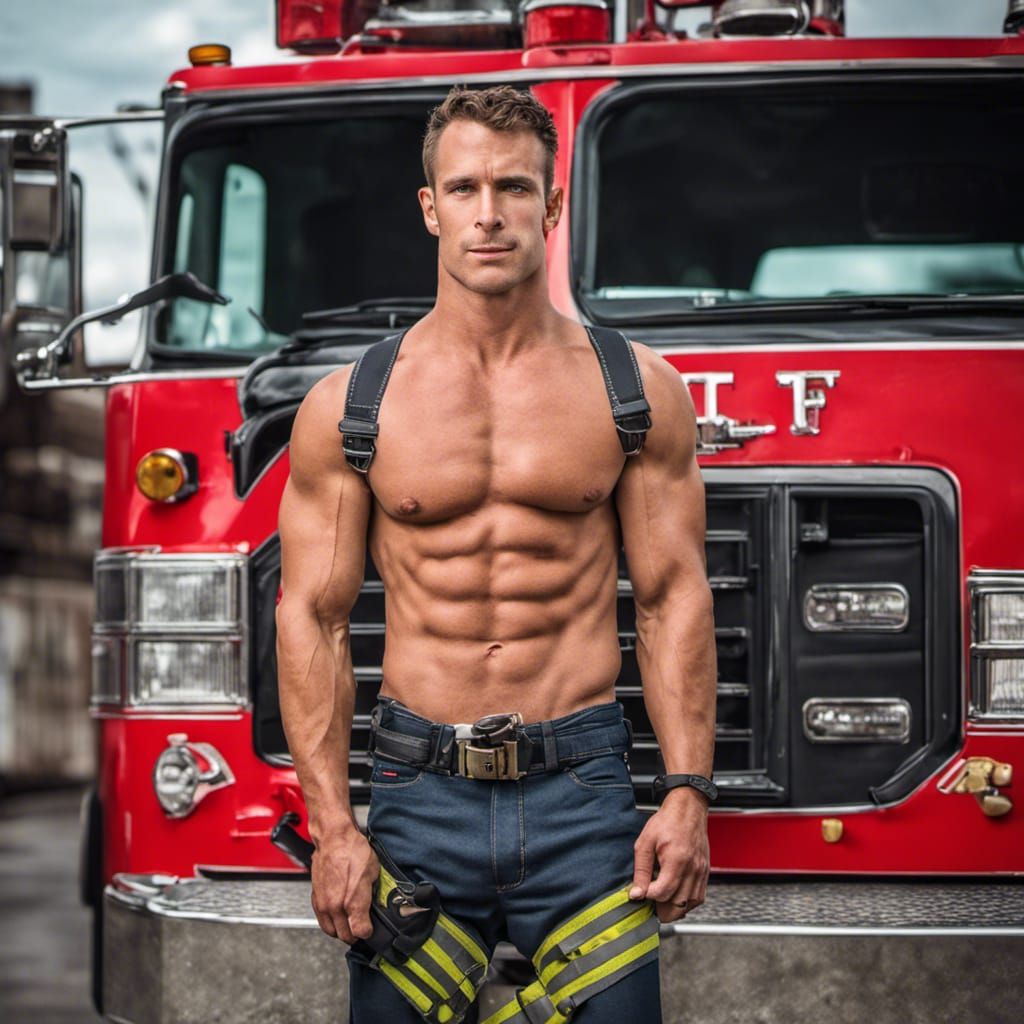 Athletic fit fireman posing for fireman’s calendar, strong abs ...