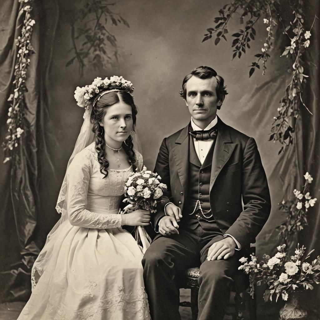 Old timey black and white photograph of bride and grooom, year of 1810  by @Sassy Cassie