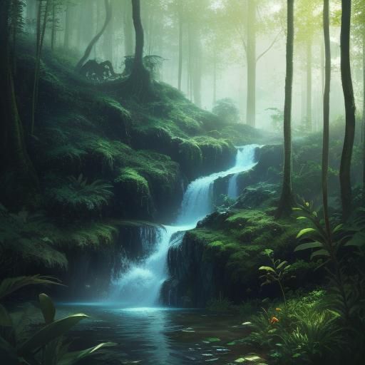 Man Emerging from Waterfall in Oil Painting Style