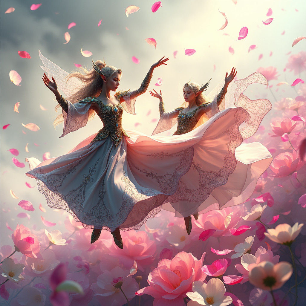 Elven dancers, draped in flowing silken garments with delica...
