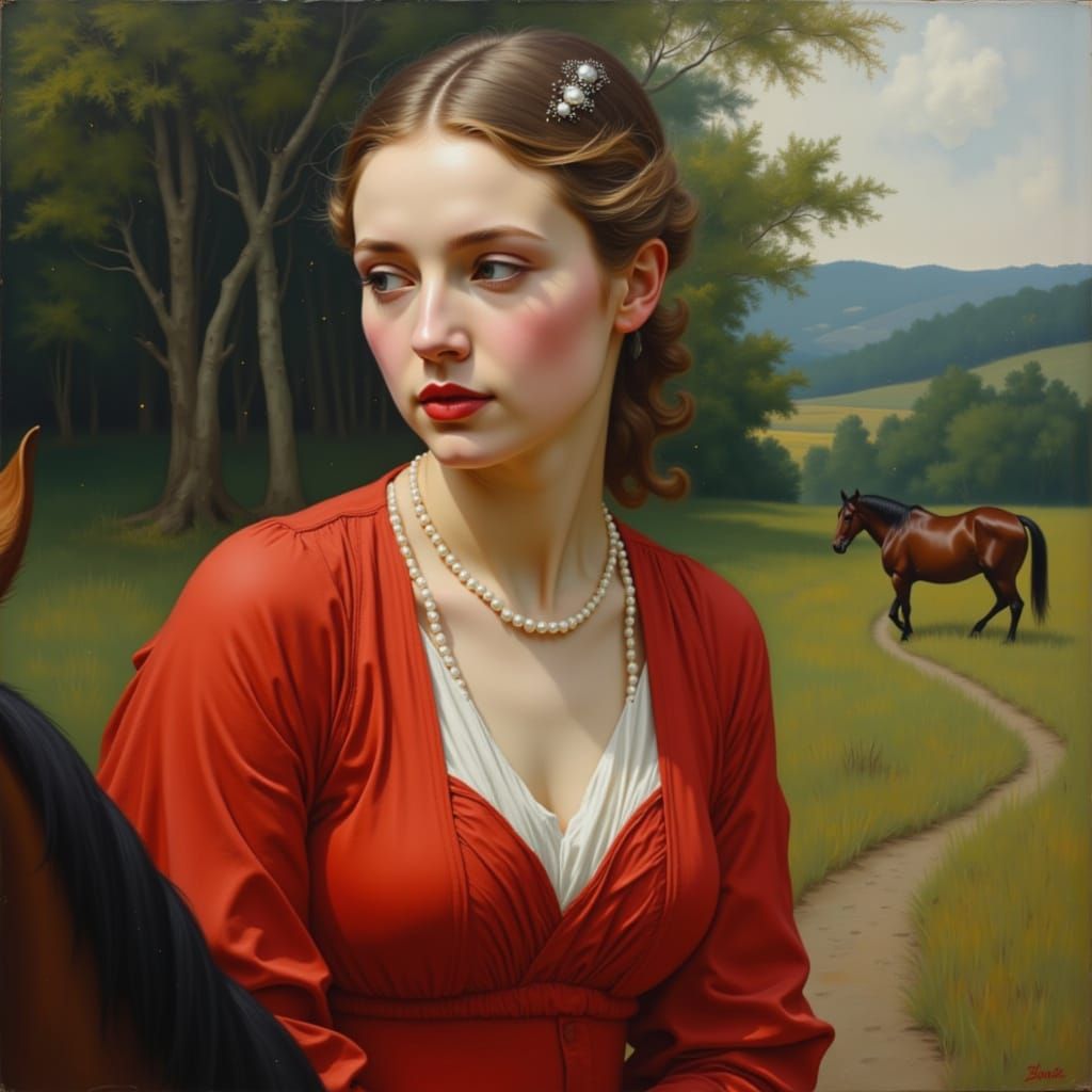 Elegant Woman in Red Riding Horse in Bucolic Setting