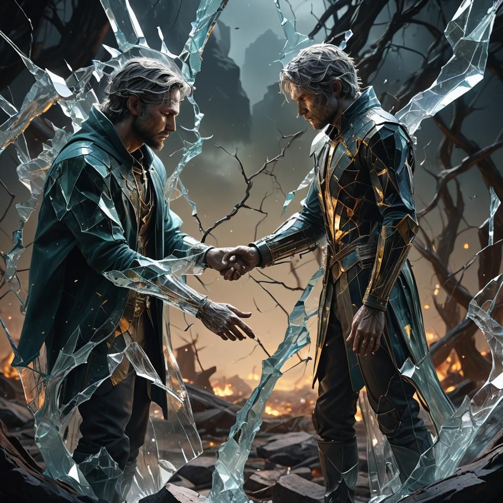 "Two figures made of glass, one beginning to crack as the ot...