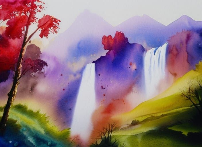 Wet on wet watercolor wash painting granulation graduation of complimentary colors landscape with waterfall ... undefined