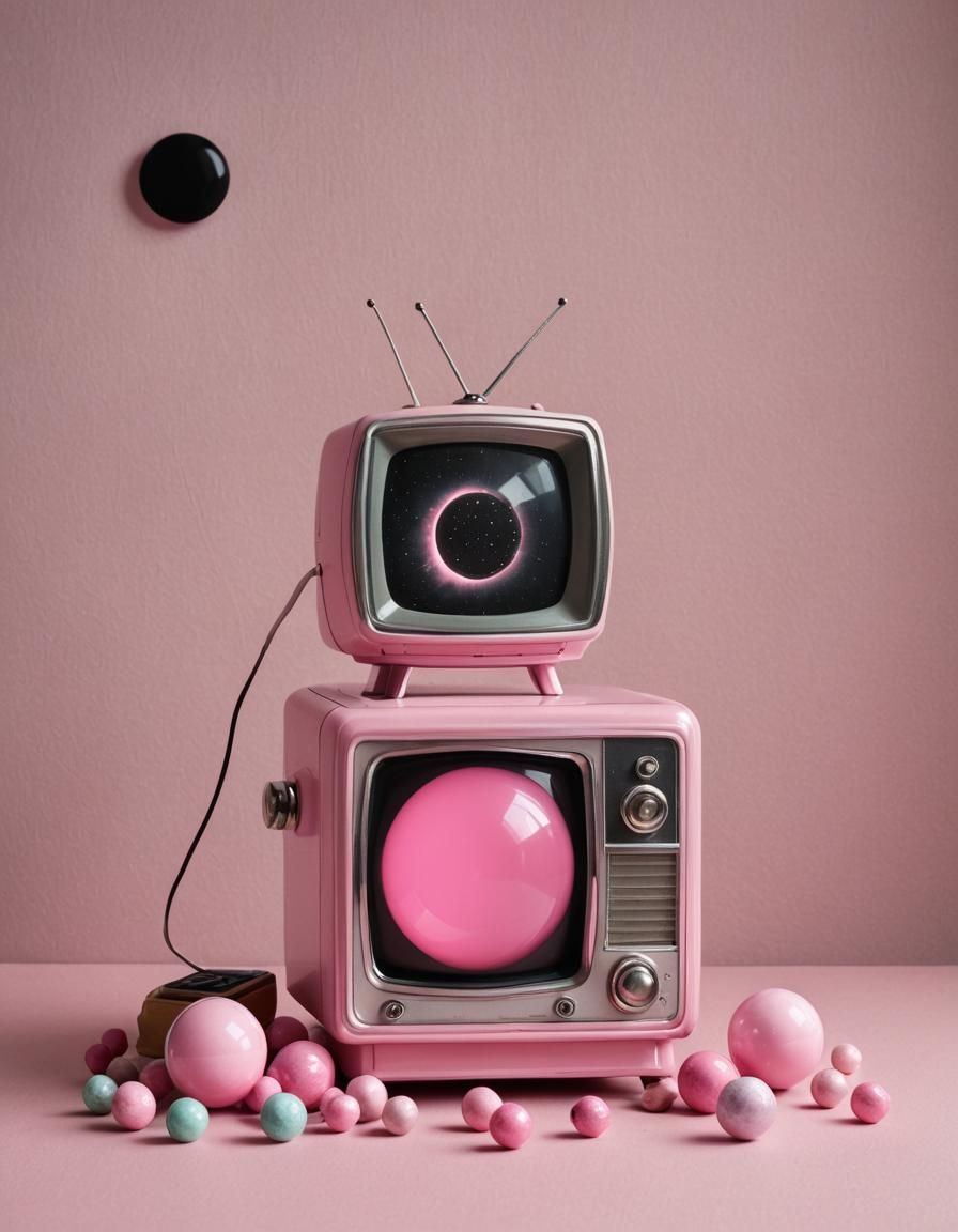 Pink vintage television with solar eclipse, small gumball ma...