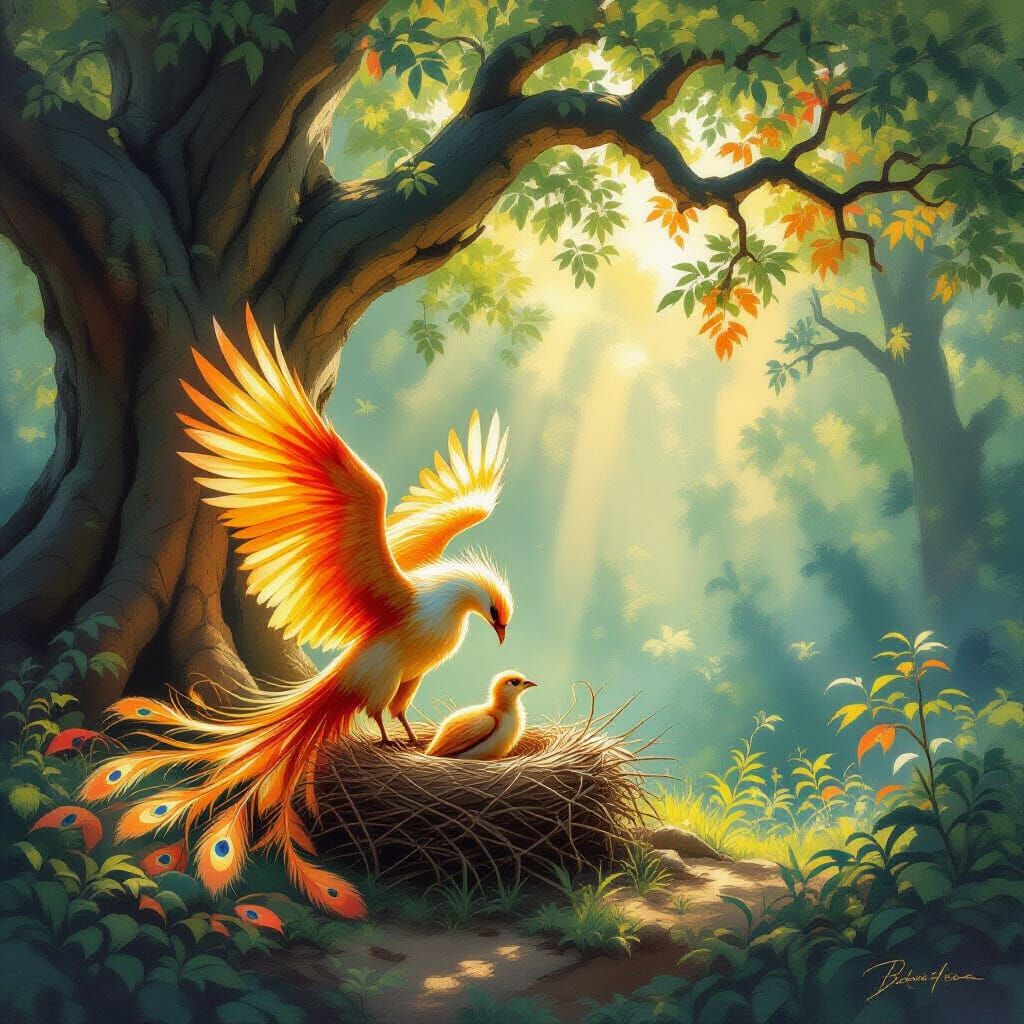 Phoenix Nurtures Fledgling in Ancient Tree