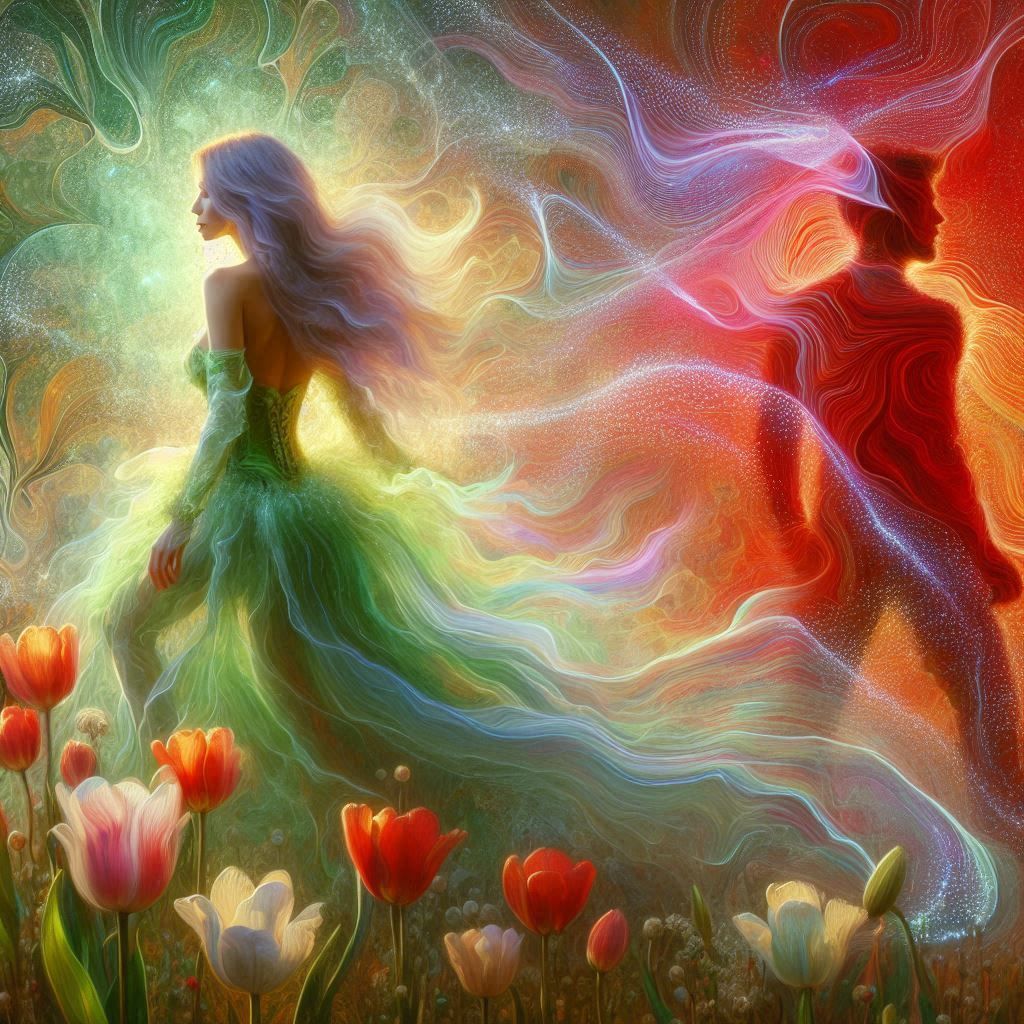 woman dressed in green flowering grass, barefoot