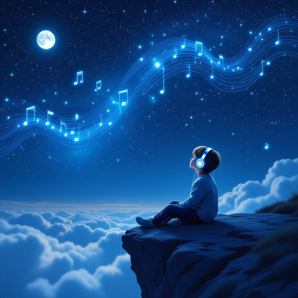 Boy Under Starry Sky With Cosmic Sound Waves