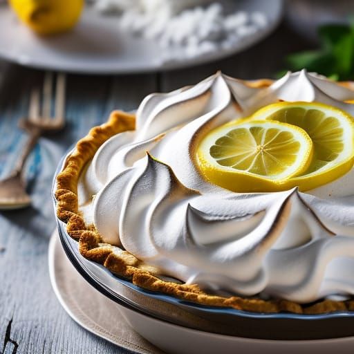Ultrarealistic delicious looking lemon pie topped with fluffy meringue Professional photography, bokeh, ...  by @LTSings