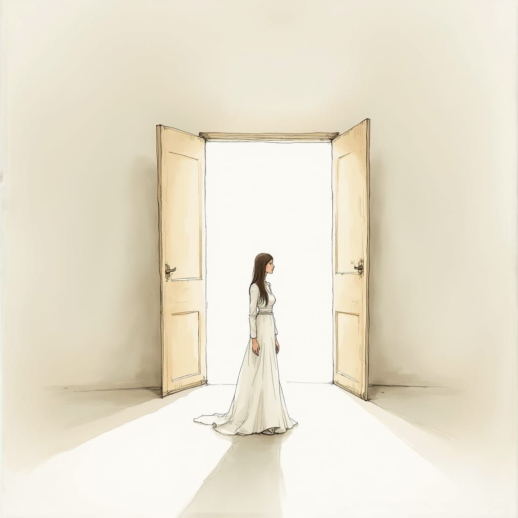  A petite, elegantly dressed figure in a flowing white outfit stands amidst a vast, empty room with open doors, sketch, in a minimalist fash...