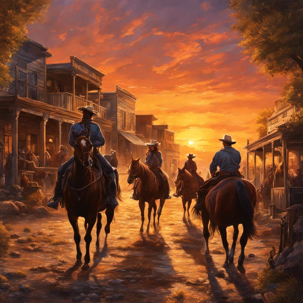 Picturesque sunset Western scene with cowboys and cowgirls in an old western town riding horses Hyperrealistic, ...  by @Maui kinepela