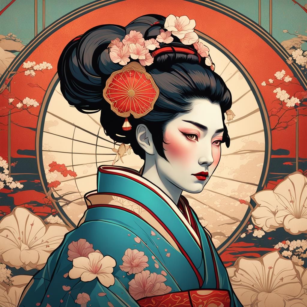 Vintage Geisha Poster with Art Nouveau Design