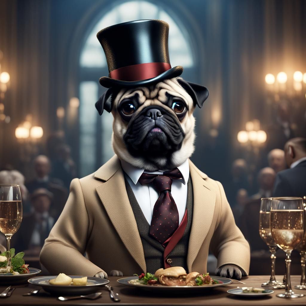 A pug wearing a top hat and suit and tie at a celebrity dinner   by @DatDudeDonkeyDa1st