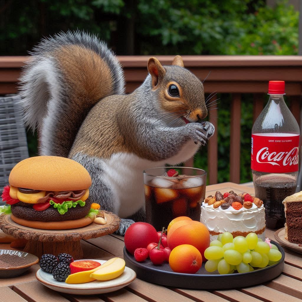 Mischievous very furry squirrel on a back deck eating food