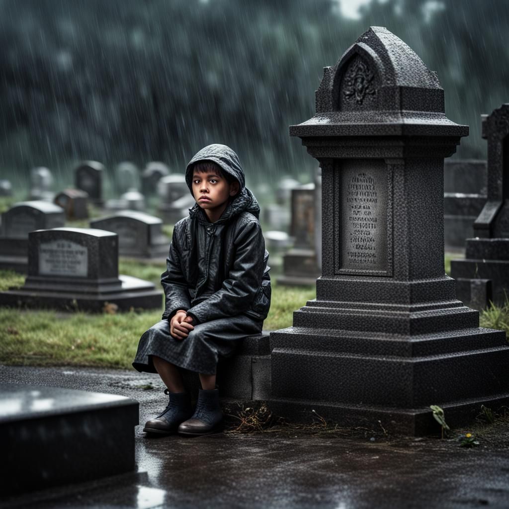 A poor sad child sits by his Mother's grave in the rain,