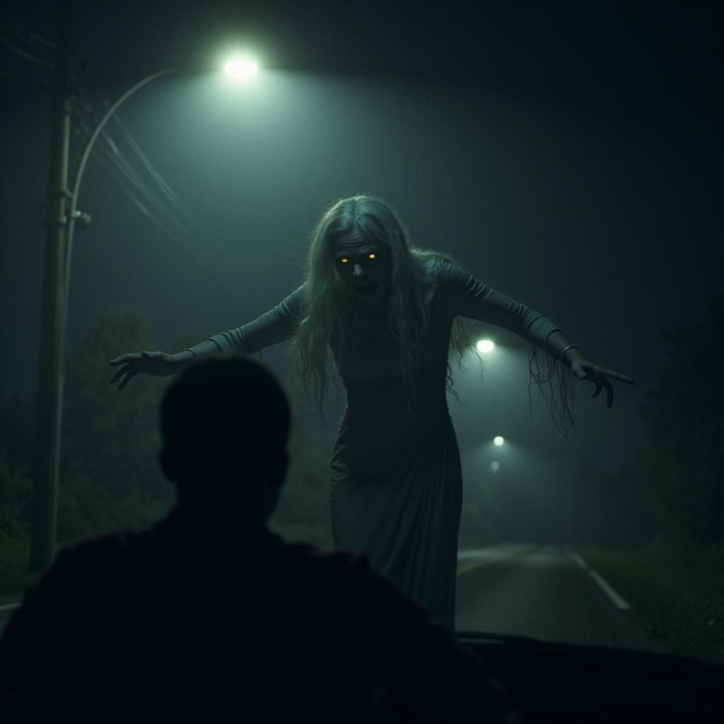 Terrifying horror creations of the hag witch from folklore gothic tale legends following a man driving home at midnight ...