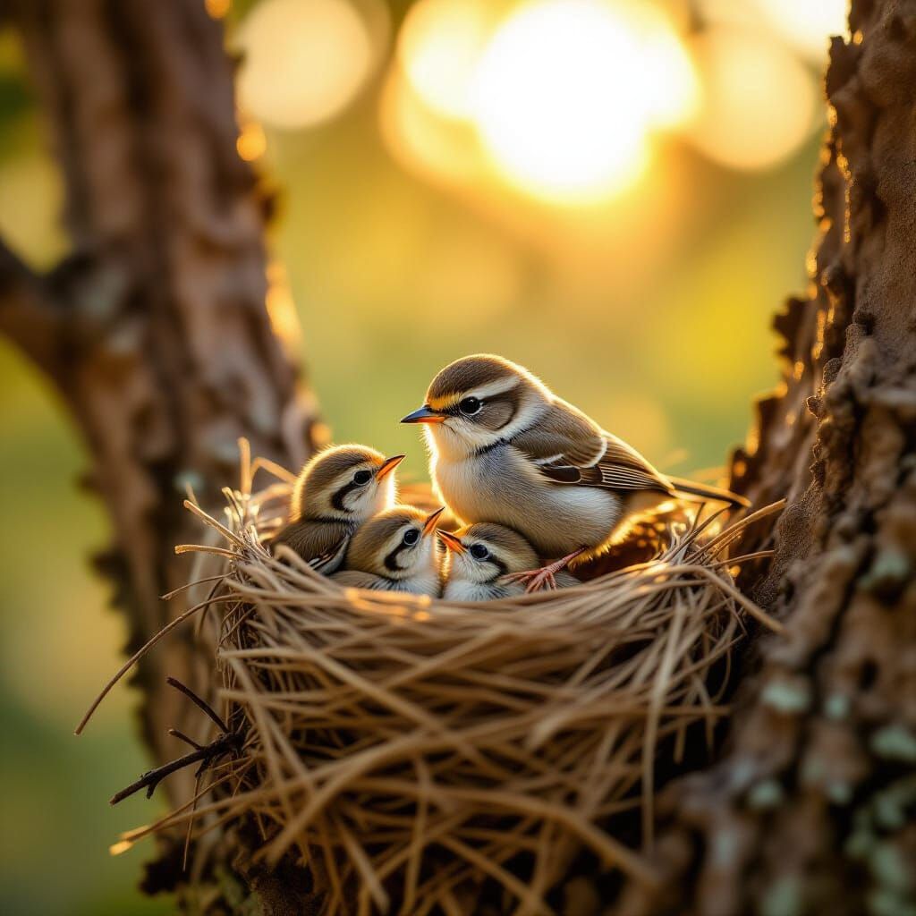 Songbird Nurturing Chicks in Nest at Golden Hour
