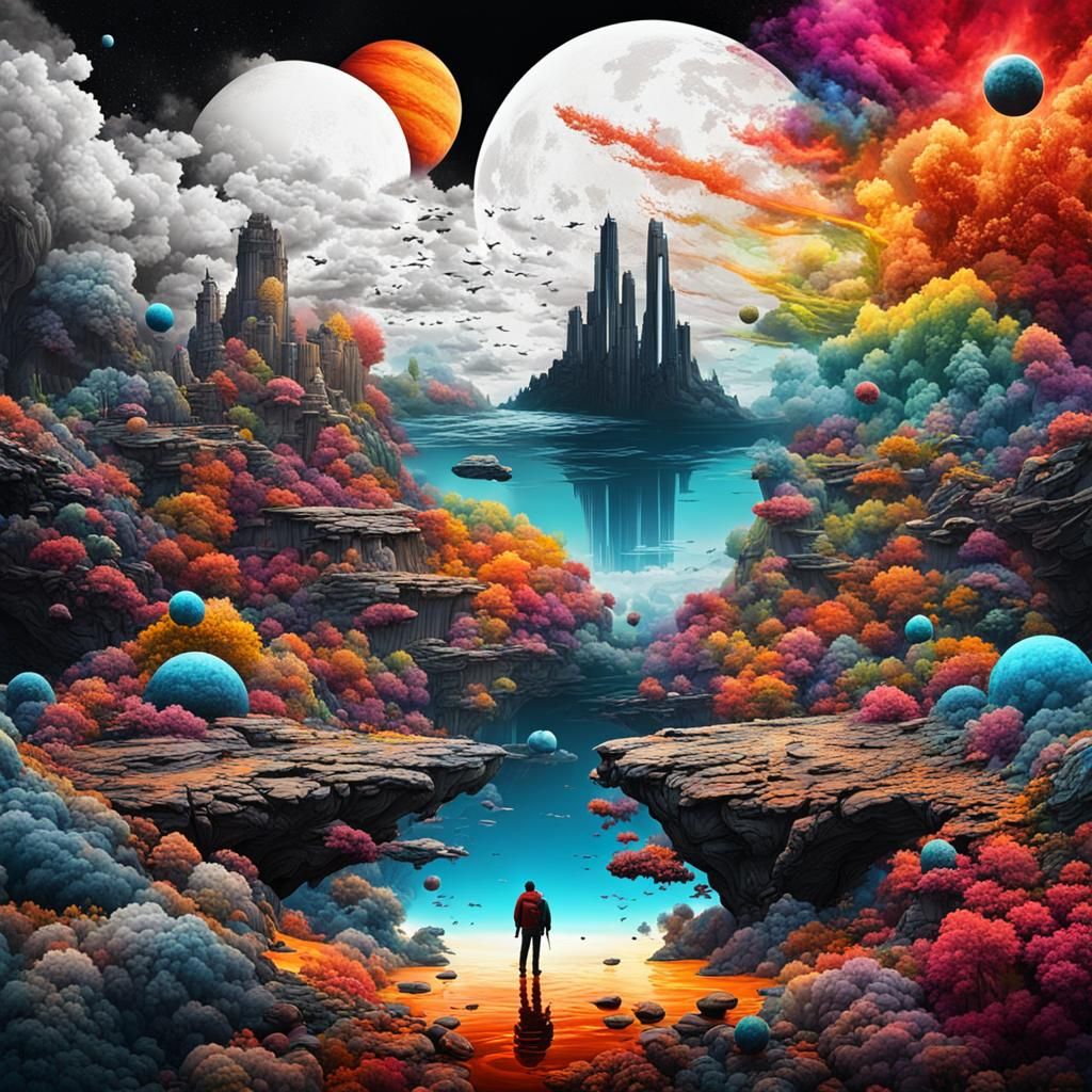 Two worlds colliding. Colorful. High contrast. Stunning high...