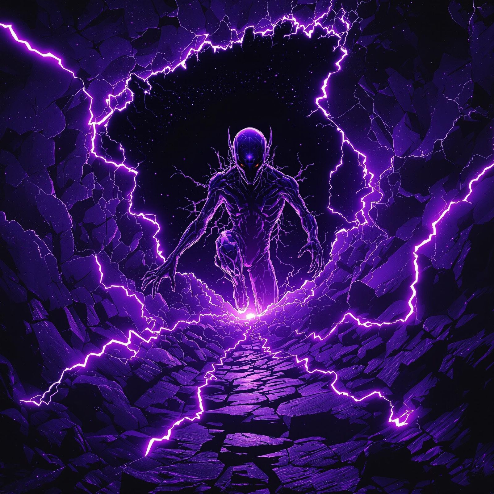 Cosmic entity emerging from a fractured black void, surrounded by vibrant purple lightning, with an otherworldly, illogi...