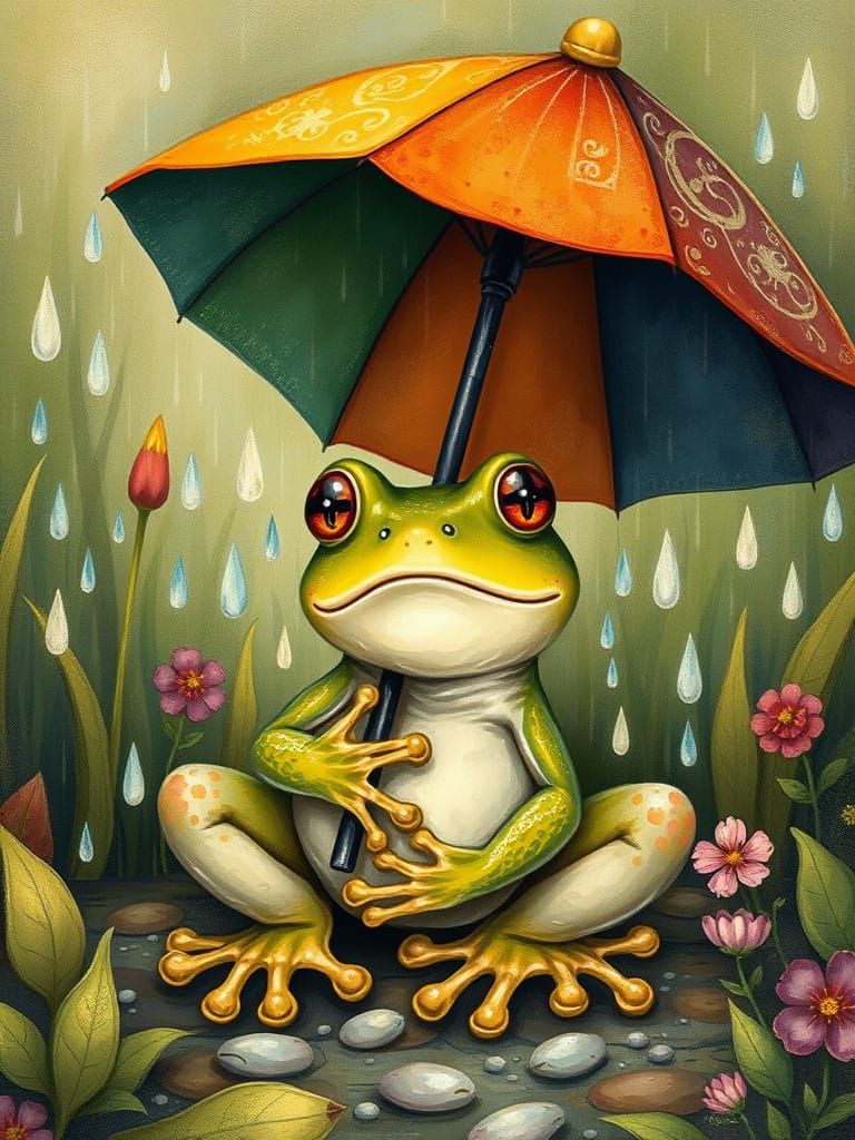  frog with a colorful umbrella   by @Pandacorno 