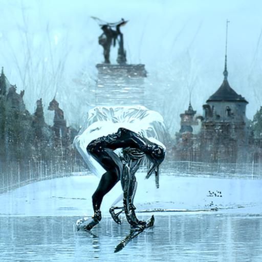 An ice skater doing a quadruple Lutz while it's raining