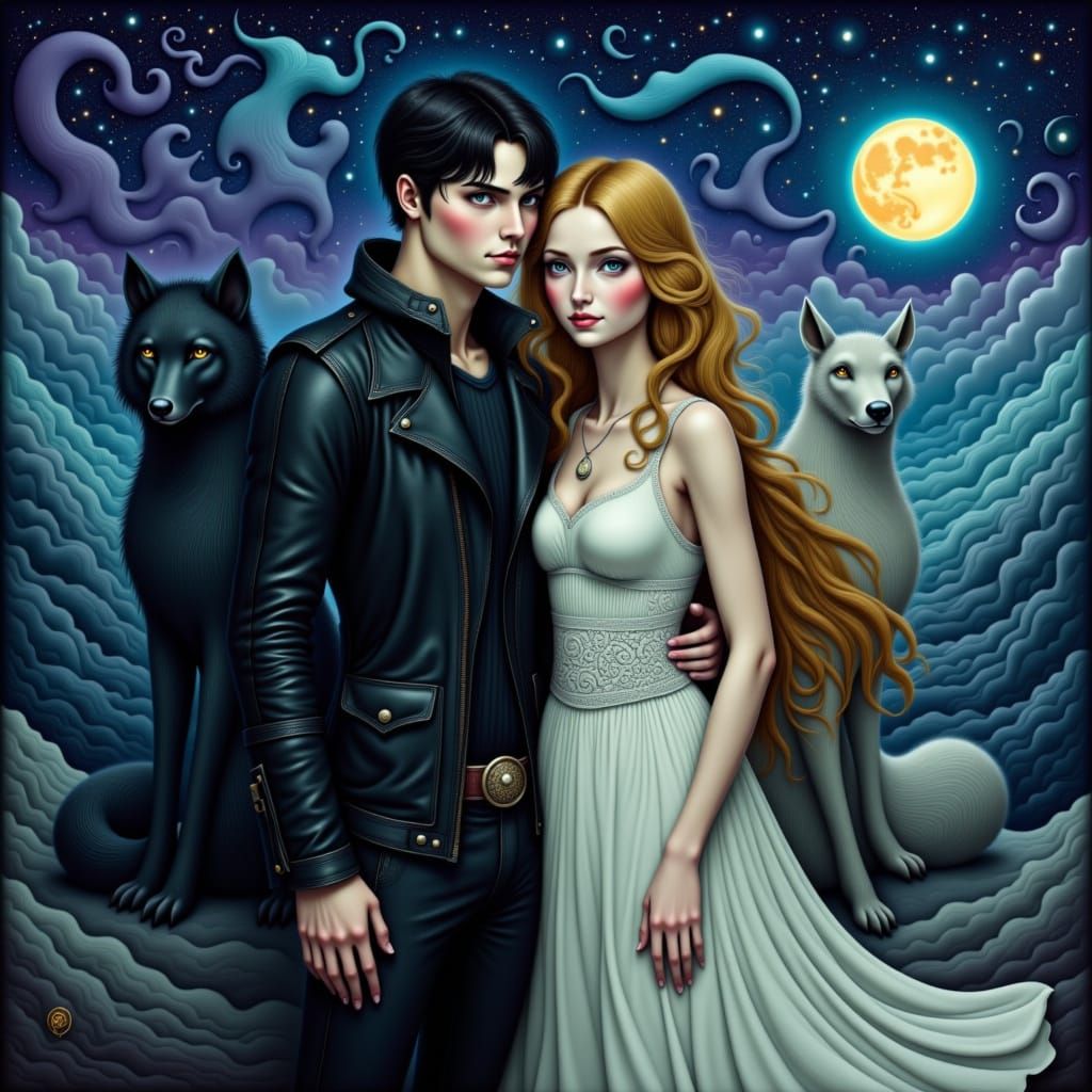 A dark-haired man with a strong jawline and piercing eyes, dressed in a fitted leather jacket, and a gold-haired woman with a kind smile and...