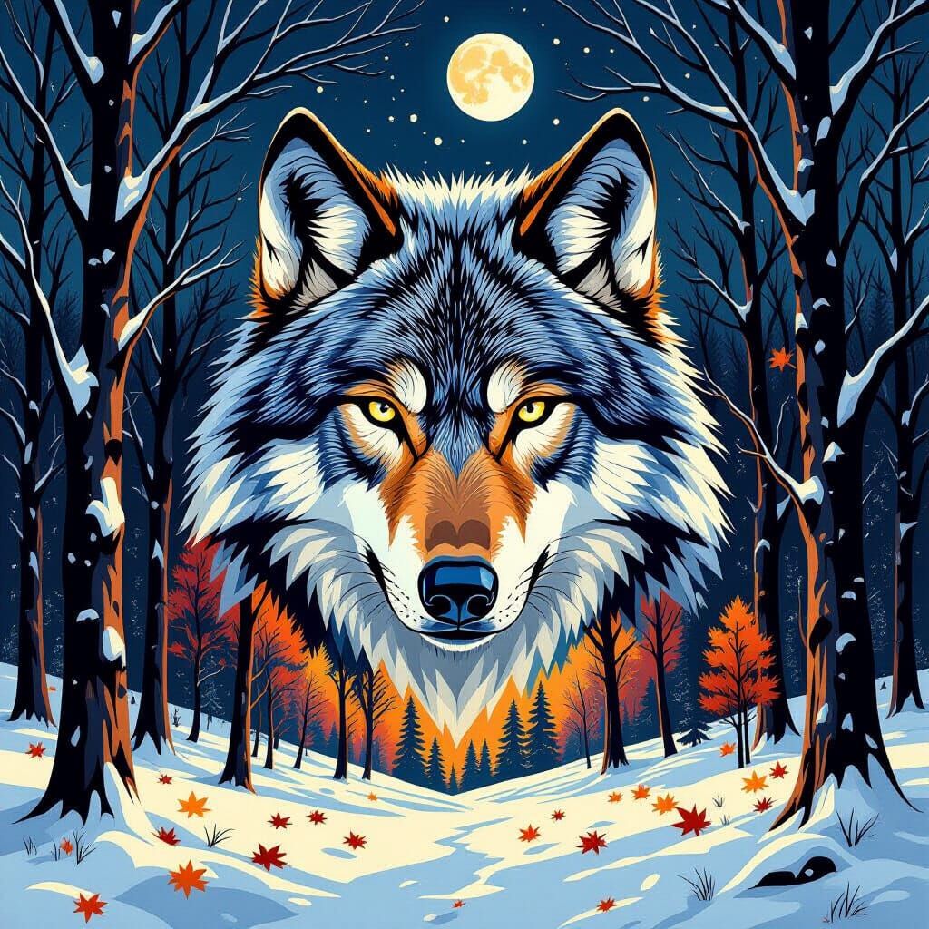 "Generate a hyper-realistic photo in 8K
resolution featuring a wolf's head with its body transformed into a detailed forest landscape. The w...