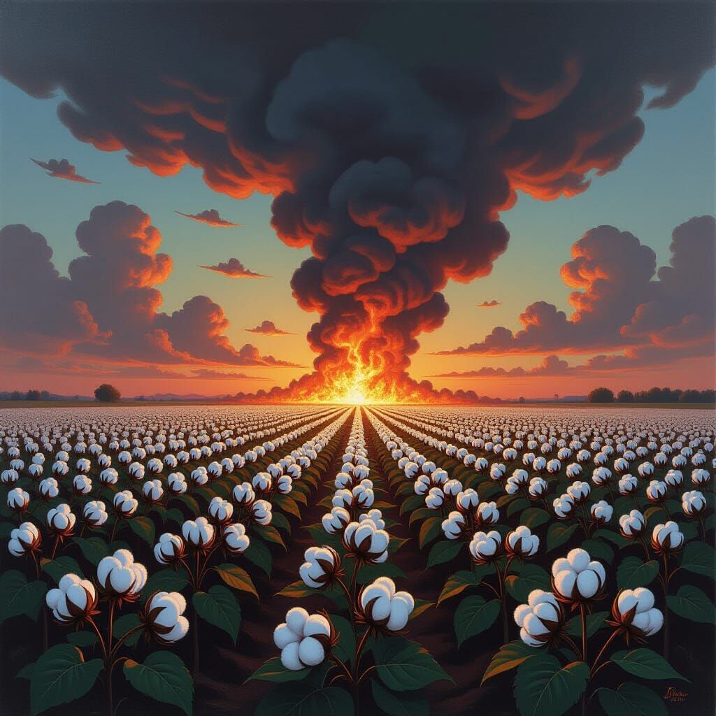 Cotton Field Meets Fiery Hellmouth in Oil Painting