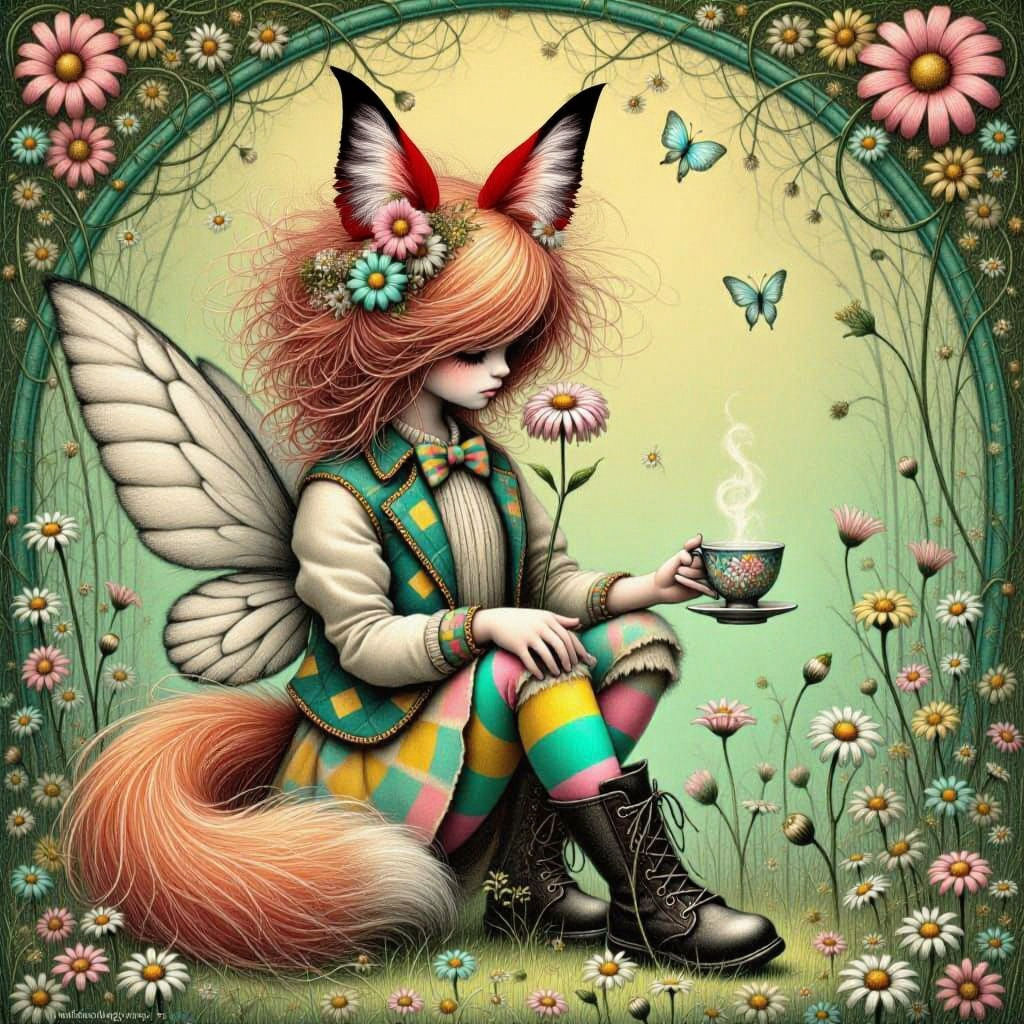 <lora:Pastel Patches:1.0> A vibrant, anthropomorphic fox wearing a stylish Art Nouveau-inspired waistcoat sips from a glowing teacup in a su...