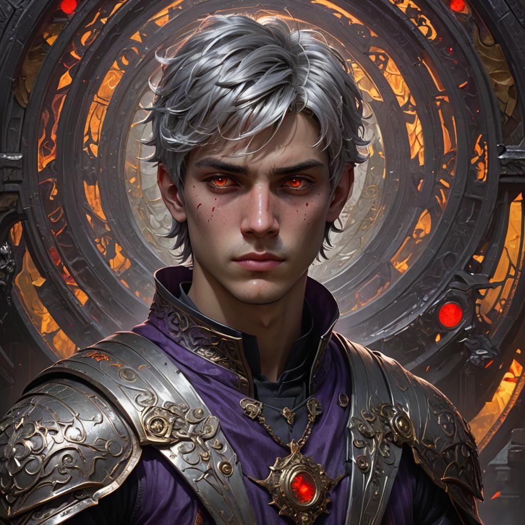 A teenage boy with short silver hair, ancient style, red eyes.